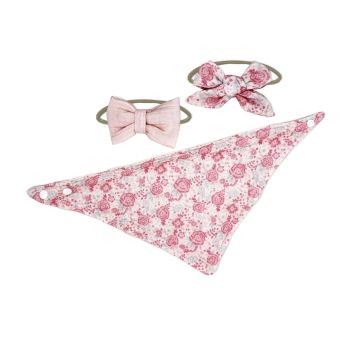3 pc Muslin Reversible Bib with 2 Headbands Set: Pink Floral