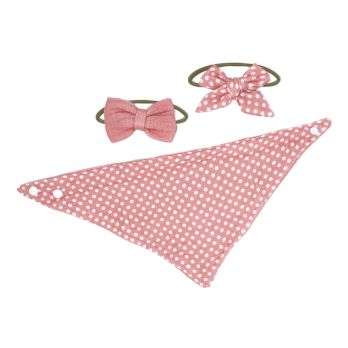 3 pc Muslin Reversible Bib with 2 Headbands Set: Pink Dot