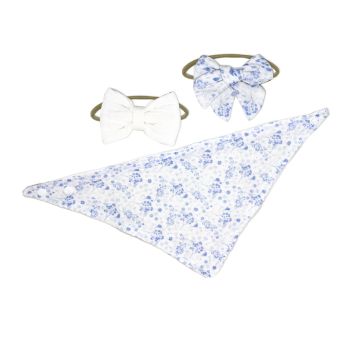 3 pc Muslin Reversible Bib with 2 Headbands Set: White Floral