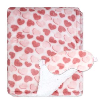 Fleece Blanket with Sleep Mask: Pink Hearts