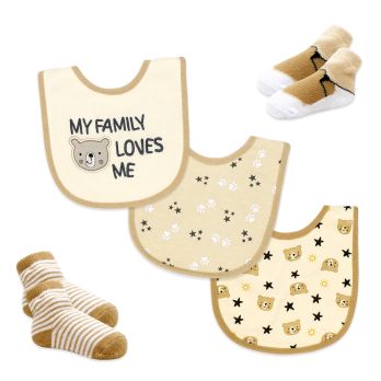 5 Piece Bib and Sock Set: Tan Family Bear 