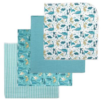 4 Pack Flannel Receiving Blankets:  Teal Dinos