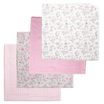 4 Pack Flannel Receiving Blankets:  Pink Bunnies