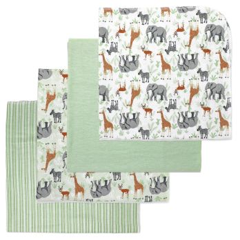 4 Pack Flannel Receiving Blankets:  Sage Safari