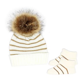 Knit Striped Hat And Bootie Set: Ivory with Gold Lurex