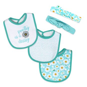 5 Piece Bib and Headband Set: Aqua Pretty as a Daisy