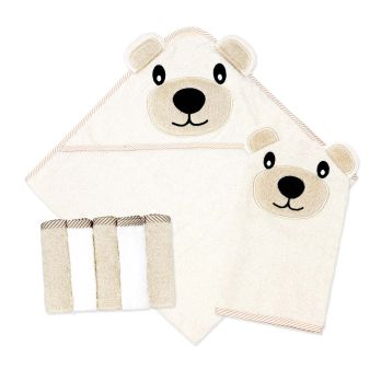 Hooded Towel with Washmitt and 5 Washcloth Set: Tan Bear 