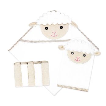 Hooded Towel with Washmitt and 5 Washcloth Set: Ivory Lamb 