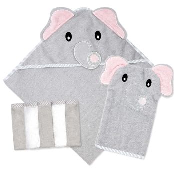 Hooded Towel with Washmitt and 5 Washcloth Set: Grey Elephant