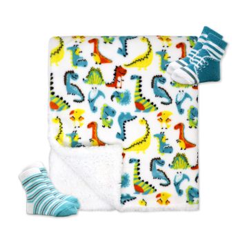 Fleece/Sherpa Blanket with 2 pairs of Socks: Teal Dinosaur 