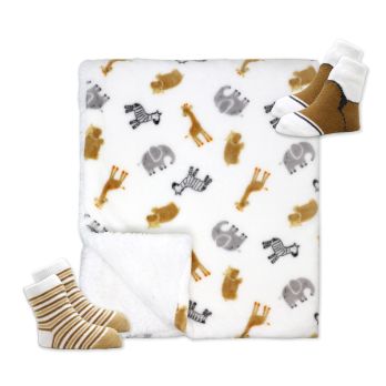 Fleece/Sherpa Blanket with 2 pairs of Socks: Tan Zoo