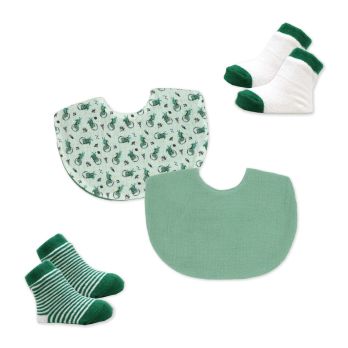 2pcs Bibs + 2pcs Socks: Green Dinos