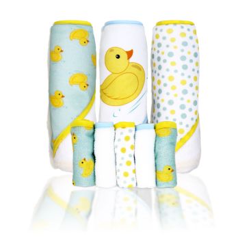 8pc Bath Set - 3 Hooded Towels w/ 5 Washcloths: Aqua Duckies