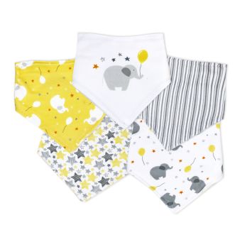 5 pc Bandana Bibs: Yellow Elephant & Balloon