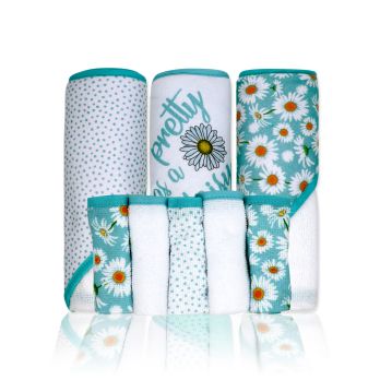 8pc Bath Set - 3 Hooded Towels w/5 Washcloths: Aqua Pretty as a Daisy