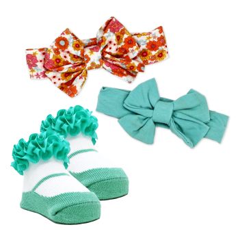 3pc Headband & Sock Set: Aqua Floral