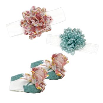 3pc Chiffon Headband & Sock Set: Aqua Flowers