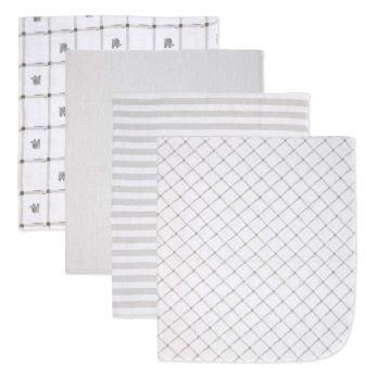 4 Pack Flannel Receiving Blankets: Grey Elephant Grid 