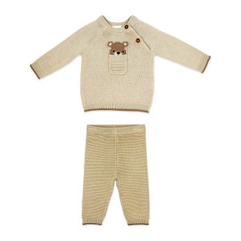 Knit Jumper with Pocket Detail & Trousers: Beige Bear 