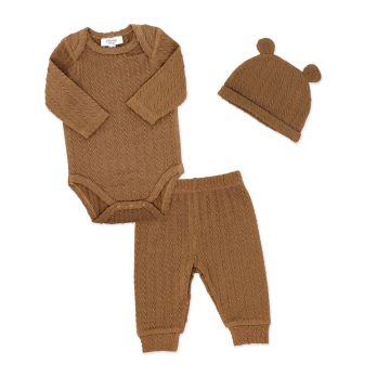 Neutral 3pc Faux Sweater Jacquard Rib Pant Set: Brown