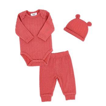 Girl's 3pc Faux Sweater Jacquard Rib Pant Set: Rose 