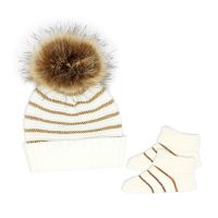 Knit Striped Hat And Bootie Set: Ivory with Gold Lurex