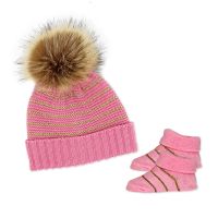 Knit Striped Hat And Bootie Set: Rose with Gold Lurex