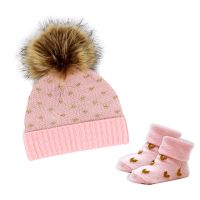 Knit Hat And Bootie Set: Pink with Gold Lurex Hearts