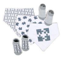 5 Piece Bib and Sock Set: Grey Puzzle