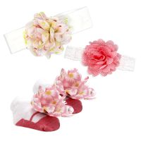 3pc Chiffon Headband & Sock Set: Pink Flowers