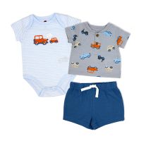 Boys NB 3 Piece Henley Bodysuit Short Set: Mini Cars