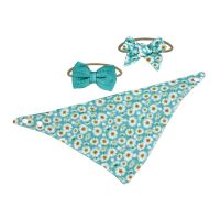 3 pc Muslin Reversible Bib with 2 Headbands Set: Aqua Daisy