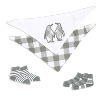 4 Piece Bib and Sock Set: Grey Buffalo Penguin