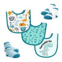 5 Piece Bib and Sock Set: Teal HappySaurus Rex