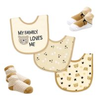 5 Piece Bib and Sock Set: Tan Family Bear 