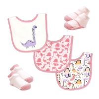 5 Piece Bib and Sock Set: Pink Dino 