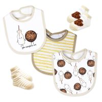 5 Piece Bib and Sock Set: Tan Milk and Cookies 