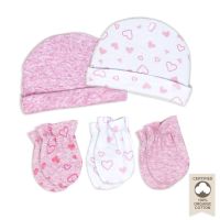 5-Piece Cap and Scratch Mitten Set: Pink Heather Hearts 