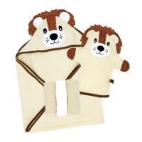 5pc Bath Set - Hooded Towel / Washmitt / 3 Washcloths: Tan Lion