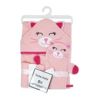 5pc Bath Set - Hooded Towel / Washmitt / 3 Washcloths: Pink Cat