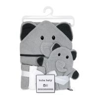 5pc Bath Set - Hooded Towel / Washmitt / 3 Washcloths: Grey Elephant