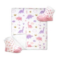 Fleece/Sherpa Blanket with 2 pairs of Socks: Pink Dinosaur 