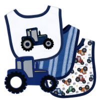 4 Piece Set - 3 Bibs + 1 Silicone Teether: Blue Tractor 