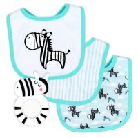 4 Piece Set - 3 Bibs + 1 Silicone Teether: Aqua Zebra
