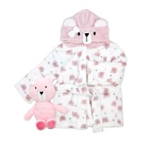 Plush Hooded Bathrobe with Toy: Pink Bear