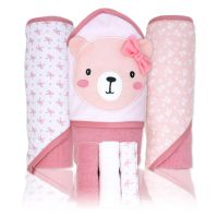 6pc Bath Set – 3 Hooded Towels w/ 3 Washcloths: Pink Bear
