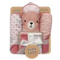 6pc Bath Set – 3 Hooded Towels w/ 3 Washcloths: Pink Bear