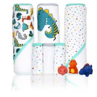 9pc Hooded Towel w/ Washcloth & 3 Bath Toys Set: Teal Dino 