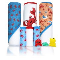 9pc Hooded Towel w/ Washcloth & 3 Bath Toys Set: Blue Crab 