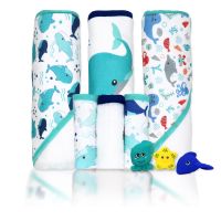 9pc Hooded Towel w/ Washcloth & 3 Bath Toys Set: Aqua Whale 